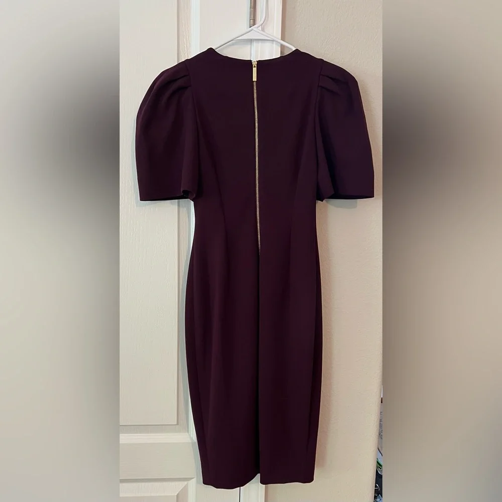 Purple Sheath Midi Dress with Puff Sleeves - Picture 3 of 4